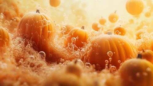 Pumpkins submerged in effervescent golden liquid glow.