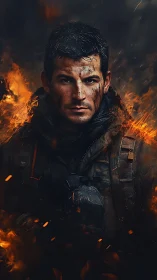 Battle-scarred soldier stands amid swirling battlefield flames