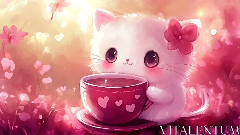 Whimsical felid character with beverage vessel in bokeh florescence.