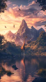 Sunlit giraffe at alpine lake beneath dramatic spires