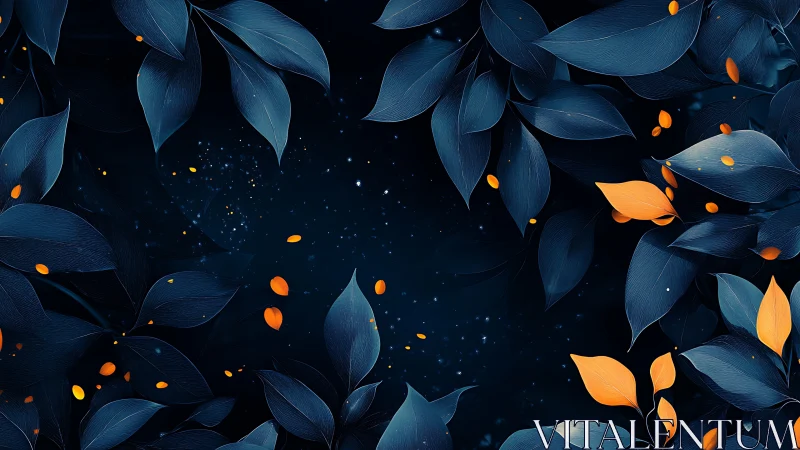 Midnight leaves circling ember-bright whispers of starlight.