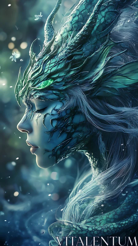 Dragon-scaled forest nymph breathes in serene blue magic.