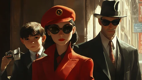 Stylized noir trio in city street with bold red coat.