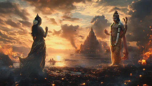 Deities facing across burning shoreline and distant temple.