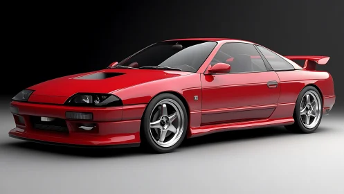 Red tuned sports coupe rendered in high-gloss 3D lighting study