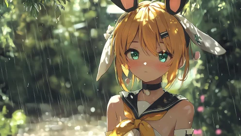 Anime girl with rabbit ears standing in gentle outdoor rain.