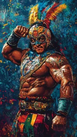 Masked warrior in feathered headdress and ceremonial belt.