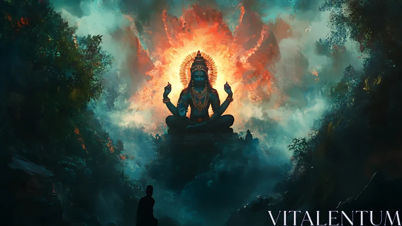 Central seated deity figure is framed by luminous atmospheric halo