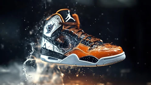 Orange black basketball sneaker floats through splashing water