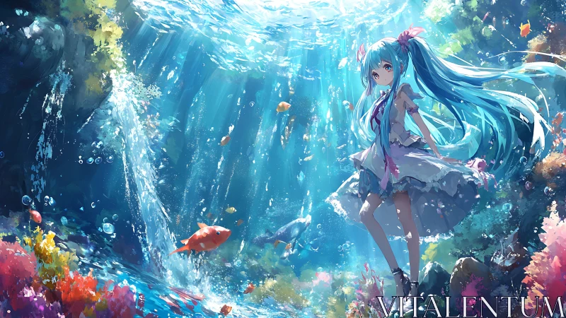 Underwater anime girl amid glowing coral and falling light.