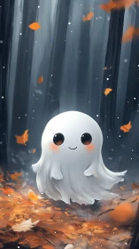 Gentle ghost drifts through a cozy autumn forest path