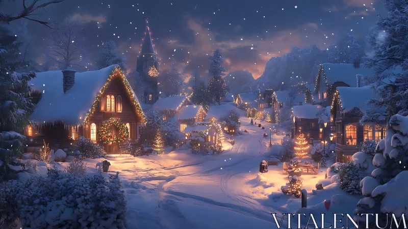 Snow-laden alpine village street with festive incandescent lighting