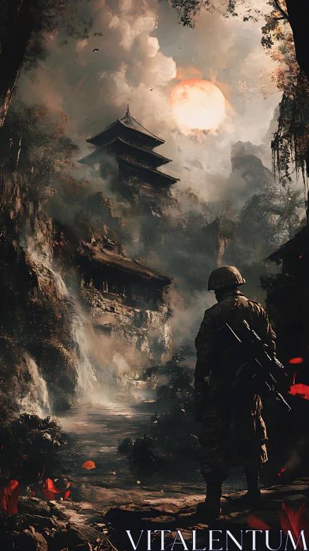Armored soldier surveys misty pagoda under apocalyptic sun