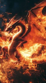 Inferno-winged dragon swirling in molten skyfire storm.