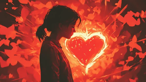 Figure with Glowing Heart and Floral Fire Background.