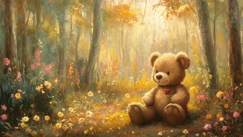 Sunlit teddy bear quietly crowns a storybook forest glade