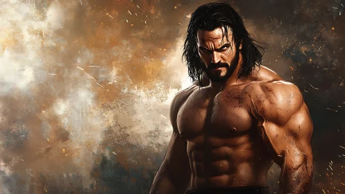 Muscular warrior portrait with dynamic painterly lighting field.
