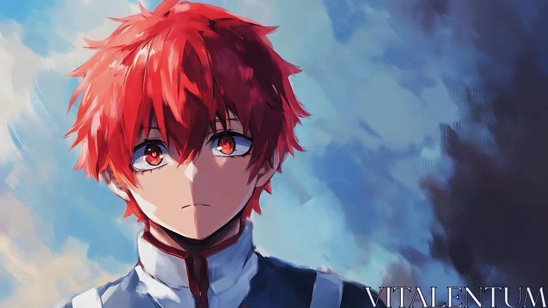 Red haired anime boy under dramatic sky portrait.