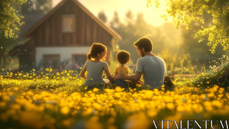 Sunlit family moment in a meadow of soft golden flowers.