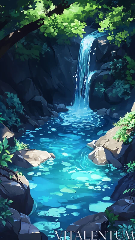 Stylized forest waterfall pours into luminous turquoise pool