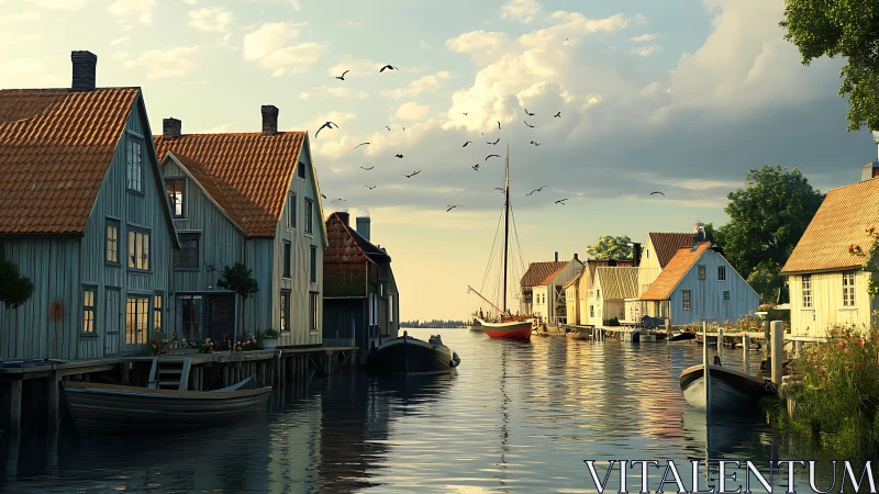 Harborfront Nordic cottages under warm golden evening light.