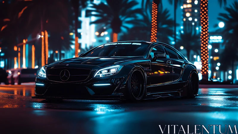 Low-slung black Mercedes sedan glows under neon-lit palm avenue