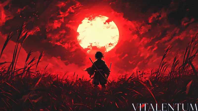 Backlit lone swordsman silhouetted against high-contrast red moon