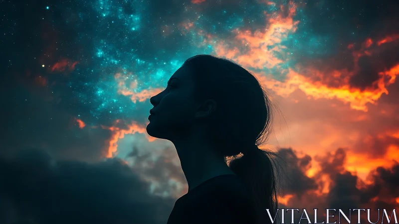 Silhouette of woman against vivid stars and sunset sky.
