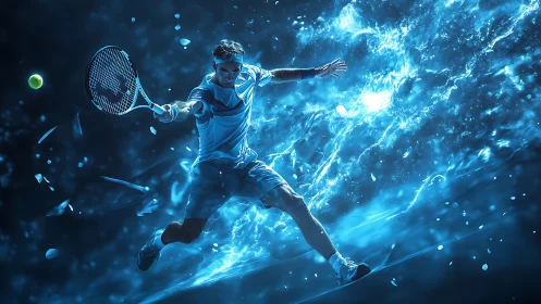 Electric blue digital painting of tennis player in motion.