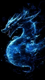 Glowing electric blue dragon silhouette on black background.