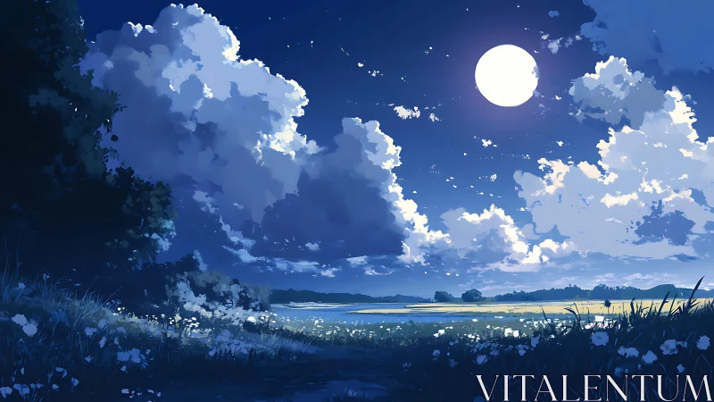 Moonlit meadow under towering clouds and reflective water.