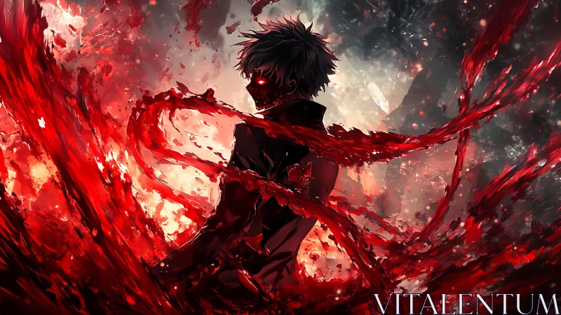 Hemokinetic anime silhouette amid turbulent crimson vortices.