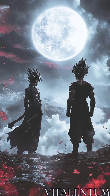 Saiyan warriors under vast bloodlit moonlit sky.