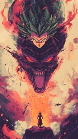 Saiyan warrior confronts colossal fiery demonic visage.