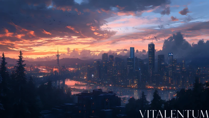 Futuristic harbor skyline glows under layered sunset clouds