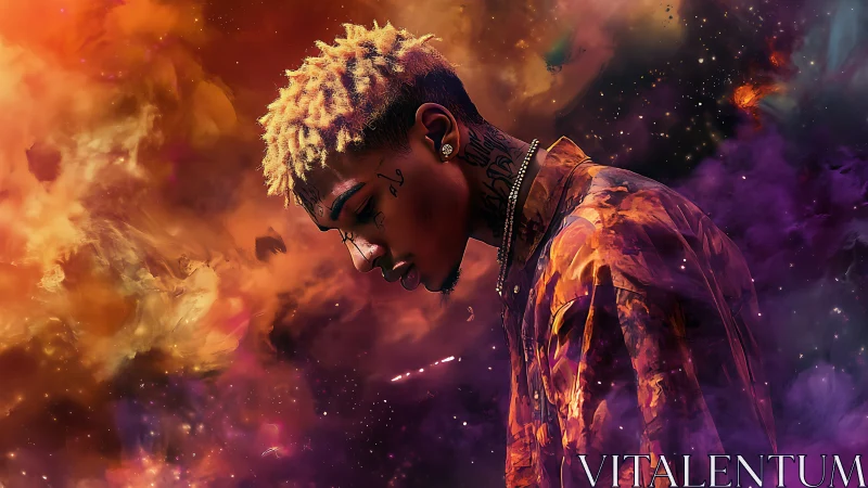 Portrait of pensive man immersed in cosmic nebula clouds