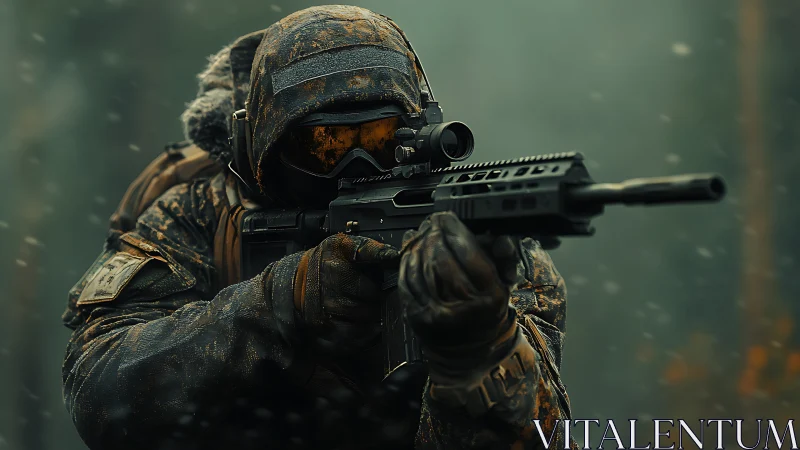 Winter camouflaged marksman aiming rifle with optic in snowfall