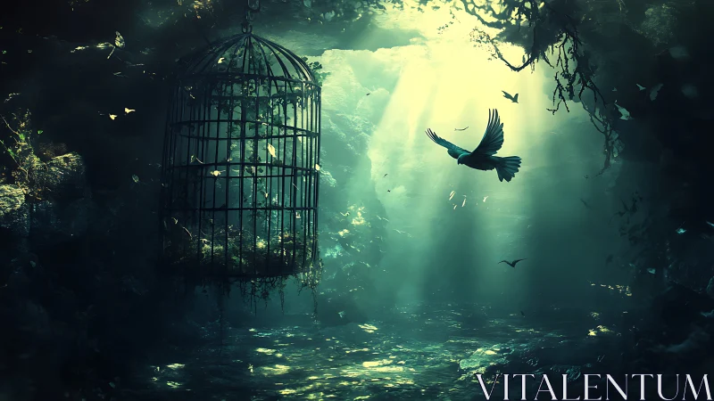 Backlit cavern bird escapes decayed hanging cage in misted light