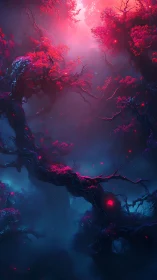 Bioluminescent crimson canopy in axial fog-scattered forest.