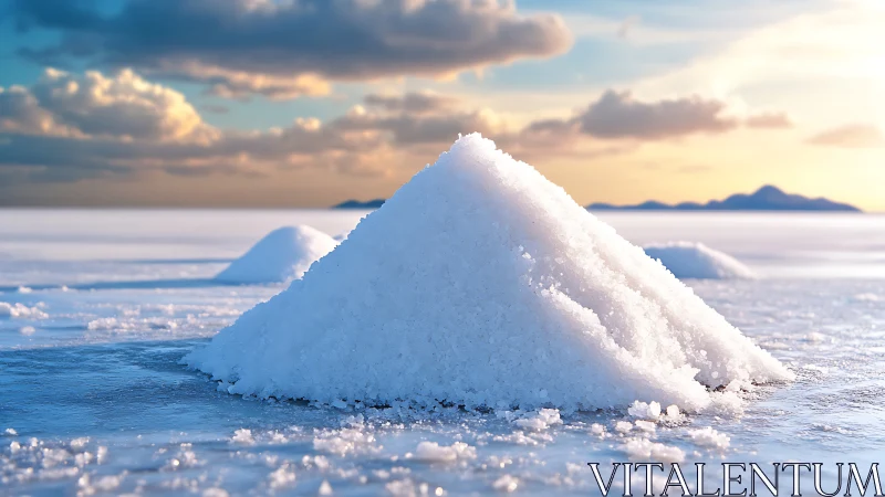 Sunlit salt mound on reflective frozen landscape at dusk.