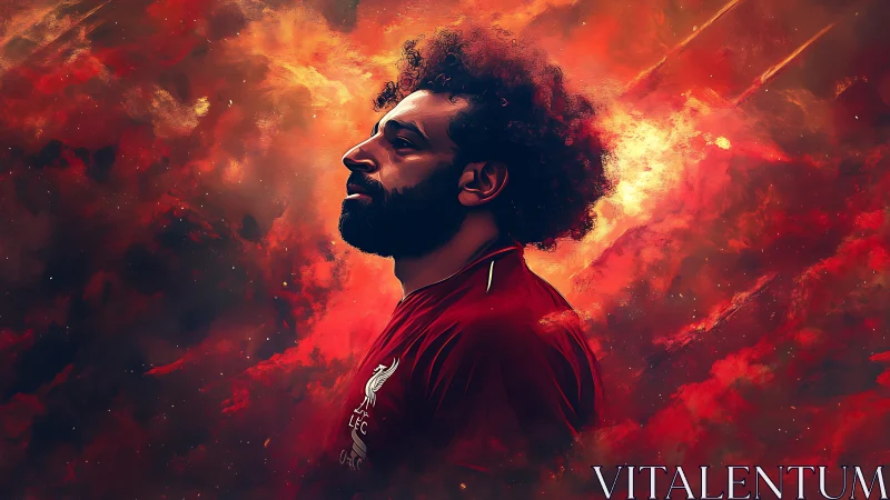 Side-lit football portrait set in a fiery cosmic nebula field