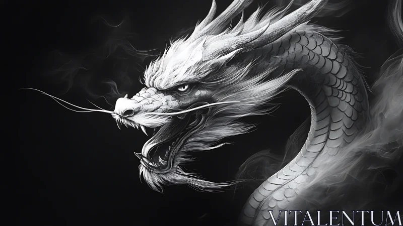 White dragon coils through smoke on a dark ethereal void
