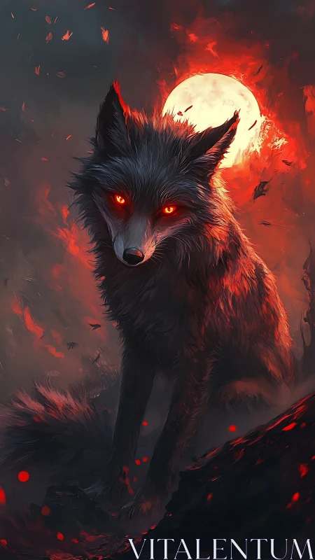 Dark wolf with glowing red eyes under a burning moon.