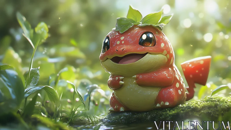 Leaf-crowned chubby lizard creature in luminous forest glade.