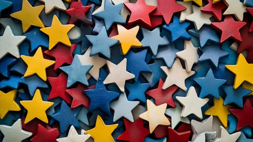 Layered wooden stars in primary-color geometric field.