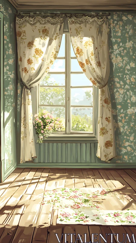 Sunlit vintage interior with floral curtains and wood flooring