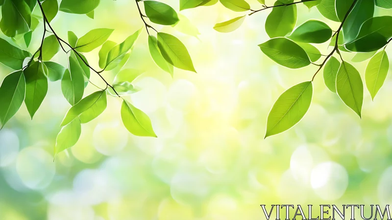 Green leaves canopy over soft sunlit bokeh background.
