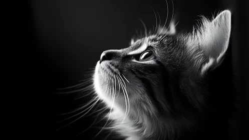 Majestic Cat Gazing Upward in Dramatic Monochrome Light.
