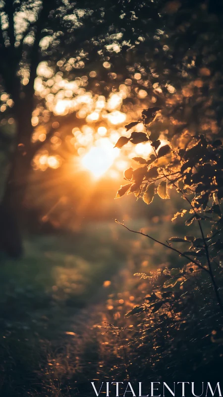 Golden forest path glowing in gentle evening sunlight.