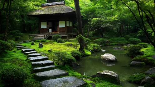 Traditional Japanese tea house beside moss garden pond